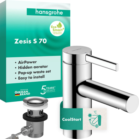 Hansgrohe Zesis wastafelkraan - model 70 - coolstart - met trekwaste - chroom SW1388654