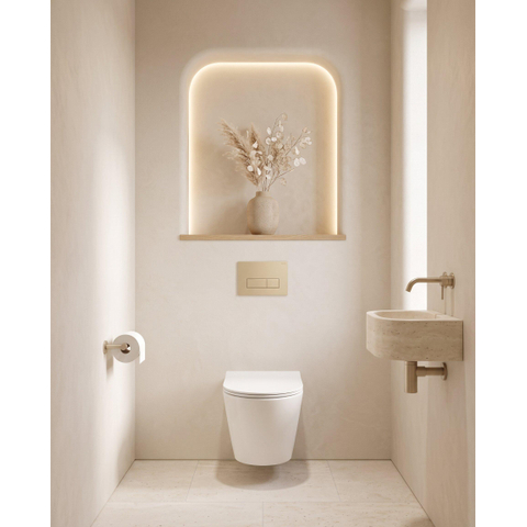 QeramiQ Dely Pack WC - 36.3x51.7cm - à fond creux - sans bride - réservoir encastré Geberit UP720 - abattant WC softclose 35 mm - plaque de déclenchement en laiton brossé - boutons rectangulaires - beige mat SW1428180