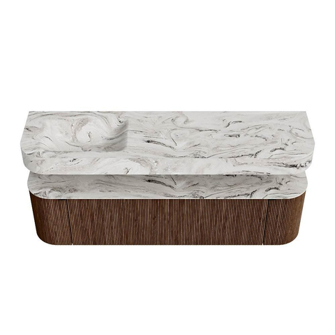 MONDIAZ THOR-DLUX 170cm meuble de salle de bains arrondi gauche + droite couleur Walnut avec 1 tiroir et 2 portes. Vasque suspendue CLOUD Gauche sans trou de robinet couleur Glace. SW1465573