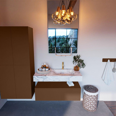 Mondiaz ALAN-DLUX Ensemble de meuble - 100cm - meuble Rust mat - 1 tiroir - Lavabo Cloud Glace suspendu - vasque Droite - 1 trou de robinet SW805776