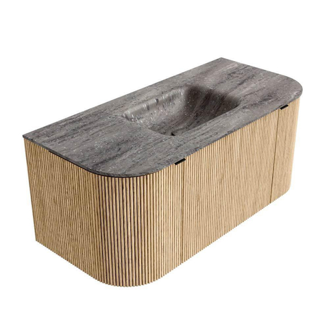 MONDIAZ KURVE-DLUX Meuble de salle de bains 100cm arrondi Gauche + Droite couleur Chêne avec 1 tiroir et 2 portes. Lavabo GRUNNE Central 1 trou de robinet Oza. SW1432615