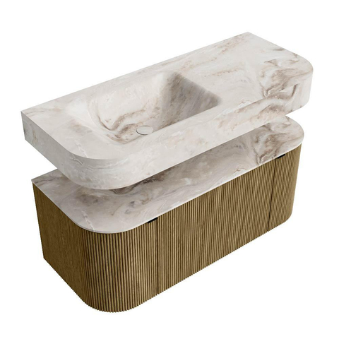 MONDIAZ THOR-DLUX Meuble de salle de bains 110cm arrondi gauche + droite couleur Dusk avec 1 tiroir et 2 portes. Vasque suspendue CLOUD Gauche sans trou de robinet couleur Frappe. SW1462807