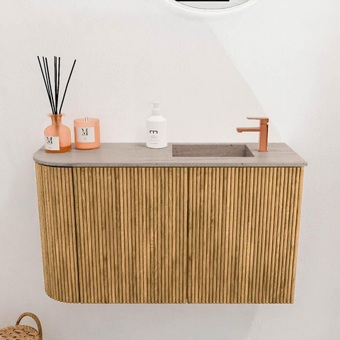 Mondiaz JOYA-DLUX Meuble WC - arrondi gauche couleur Chêne - Vasque FAYE position Droite 1 trou de robinet couleur Saba SW1424212
