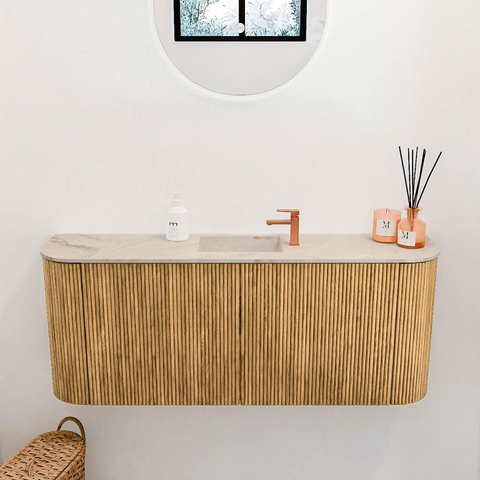 Mondiaz JOYA-DLUX Meuble de toilette 103,2cm - arrondi gauche et droite couleur Oak - Vasque FAYE position Milieu 1 trou de robinet couleur Frappe. SW1421944