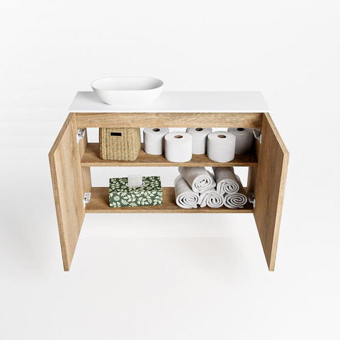 Mondiaz Fowy Meuble WC - 80x50x23cm - chêne blanchi mat - 1 trou de robinet - lavabo à gauche - 2 portes - solid surface - plan Mélamine - lavabo : blanc SW761430