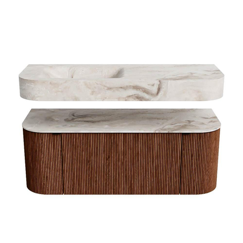 MONDIAZ THOR-DLUX 120cm meuble de salle de bains arrondi gauche + droite couleur Ruby avec 1 tiroir et 2 portes. Vasque suspendue CLOUD Gauche sans trou de robinet couleur Frappe. SW1463081