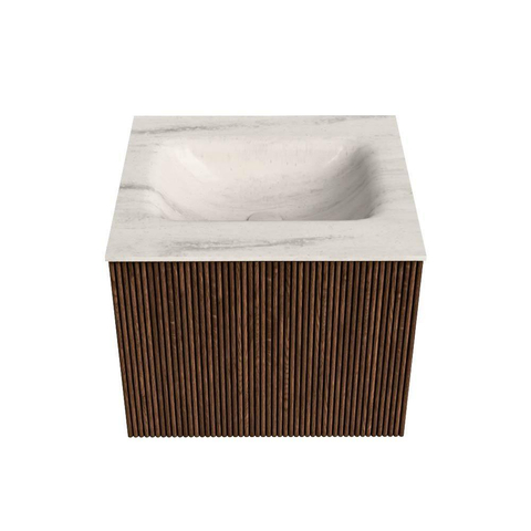 MONDIAZ KURVE-DLUX Meuble de salle de bains 50cm couleur Walnut avec 1 tiroir et 0 porte. Lavabo GRUNNE milieu sans trou de robinet Meli. SW1432030