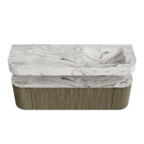 MONDIAZ THOR-DLUX 150cm badmeubel ronding links + rechts kleur Shadow met 1 lade en 2 deuren. Vrijhangende wastafel CLOUD Rechts 1 kraangat kleur Glace. SW1464682