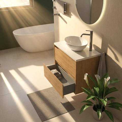 Saniclass Holz Pure Badkamermeubelset - 80x45x63cm - Dia marmeren wastafelblad gepolijst (wit) - 1 kraangat - 2 lades - mat eiken natural (hout) SW1478339