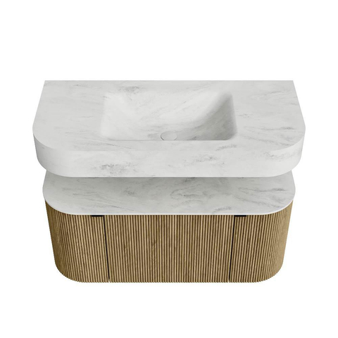 MONDIAZ THOR-DLUX 100cm meuble de salle de bains arrondi gauche + droite couleur Dusk avec 1 tiroir et 2 portes. Vasque suspendue CLOUD Milieu sans trou de robinet couleur Opalo. SW1467404