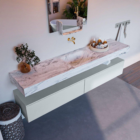 Mondiaz ALAN-DLUX Ensemble de meuble - 200cm - meuble Clay mat - 2 tiroirs - Lavabo Cloud Glace suspendu - vasque Centre - 0 trous de robinet SW806265