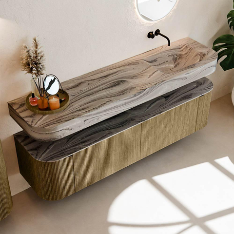 MONDIAZ THOR-DLUX 180cm meuble de salle de bains arrondi gauche + droite couleur Dusk avec 2 tiroirs et 2 portes. Vasque suspendue CLOUD Droite sans trou de robinet couleur Sombra. SW1466265