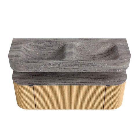 MONDIAZ THOR-DLUX 130cm meuble de salle de bains arrondi gauche + droite couleur Oak avec 1 tiroir et 2 portes. Vasque suspendue CLOUD Double 2 trous de robinet couleur Oza. SW1463989