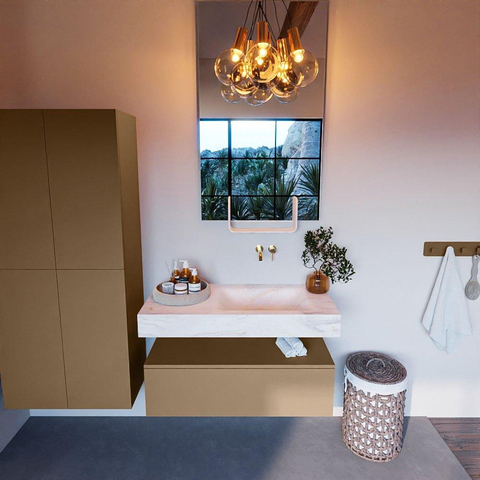 Mondiaz ALAN-DLUX Ensemble de meuble - 100cm - meuble - Oro mat - 1 tiroir - Lavabo Cloud Ostra suspendu - vasque droite - 0 trous de robinet - Beige SW807763