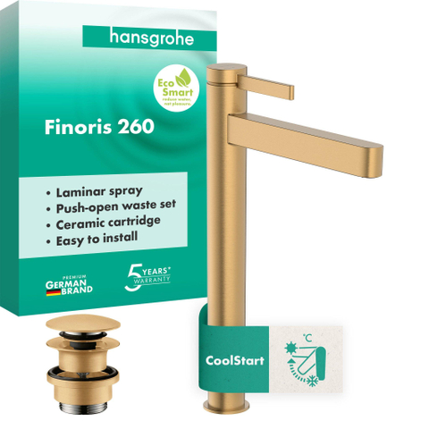 Hansgrohe Finoris eengreeps wastafelmengkraan 260 CoolStart voor waskom met Push Open afvoer Brushed Bronze SW1388519