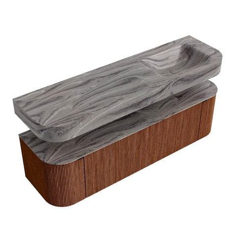 MONDIAZ THOR-DLUX 160cm meuble de salle de bains arrondi gauche + droite couleur Ruby avec 1 tiroir et 2 portes. Vasque suspendue CLOUD Droite 1 trou de robinet couleur Sombra. SW1465378