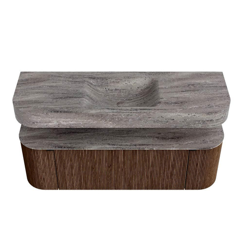 MONDIAZ THOR-DLUX 140cm meuble de salle de bains arrondi gauche + droite couleur Walnut avec 1 tiroir et 2 portes. Vasque suspendue CLOUD Milieu sans trou de robinet couleur Oza. SW1464245