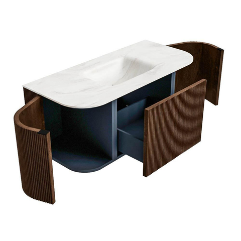 MONDIAZ KURVE-DLUX Meuble de salle de bains 100 cm avec module 25 Len R couleur Walnut avec 1 tiroir et 2 portes. Lavabo GRUNNE central 1 trou de robinet couleur Ostra. SW1137801