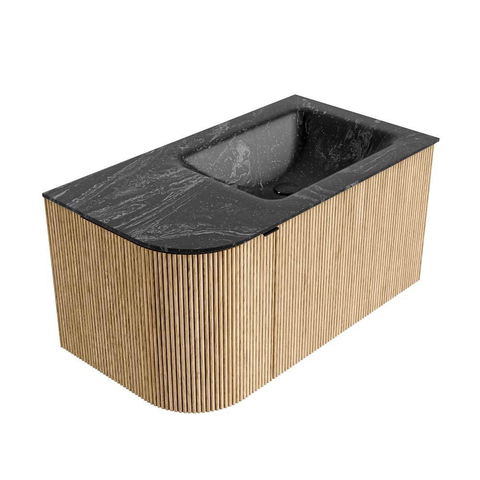 MONDIAZ KURVE-DLUX Meuble de salle de bains 85 cm avec module 25 L couleur chêne avec 1 tiroir et 1 porte. Lavabo CLOUD à droite sans trou de robinet couleur lave. SW1138085