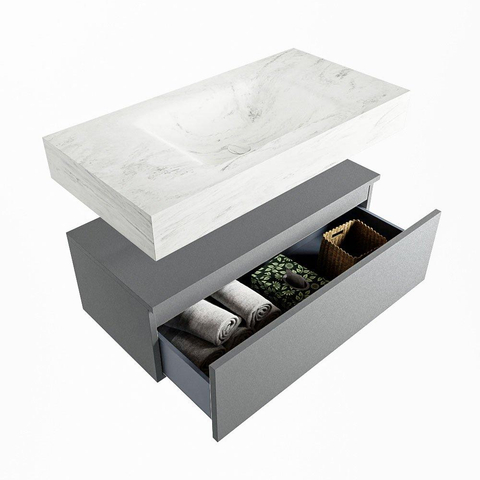 Mondiaz ALAN-DLUX Ensemble de meuble - 90cm - meuble Plata mat - 1 tiroir - Lavabo Cloud Opalo suspendu - vasque Centre - 0 trous de robinet SW807177