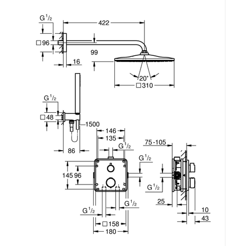 Grohe QuickFix Precision Thermostat Perfect Inbouw Douchesysteem - Vitalio Rain Mono 310 Cube hoofddouche - chroom SW1120181