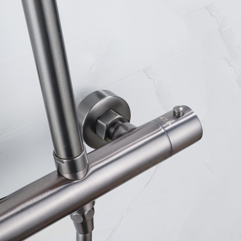 Fortifura Calvi Ensemble de douche pluie - thermostatique - douche principale de 30 cm - flexible lisse - douchette ronde - Gunmetal PVD brossé SW1204435