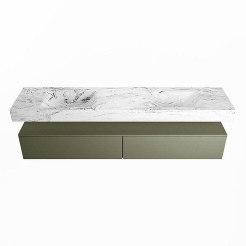 Mondiaz ALAN-DLUX Ensemble de meuble - 200cm - meuble Army mat - 2 tiroirs - Lavabo Cloud Glace suspendu - vasque Gauche et droite - 2 trous de robinet SW805962