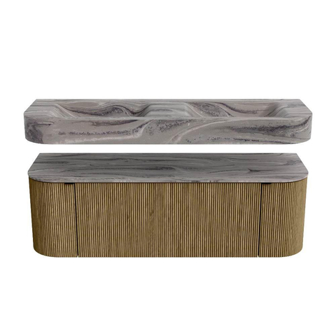 MONDIAZ THOR-DLUX 140cm meuble de salle de bains arrondi gauche + droite couleur Dusk avec 1 tiroir et 2 portes. Vasque suspendue CLOUD Double 2 trous de robinet couleur Sombra. SW1464251