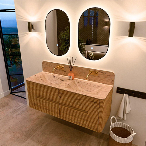 Mondiaz CIRO-DLUX Badkamermeubelset - 130x45x50cm - Solid surface wastafel Arena - 2 wasbak Dubbel - zonder kraangaten - 4 lades - Oak SW1533788