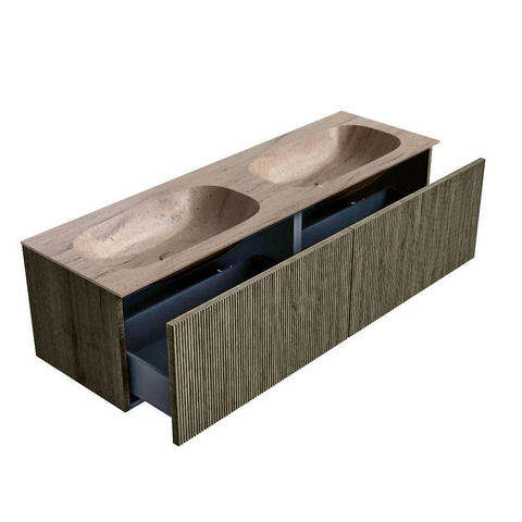 MONDIAZ KURVE-DLUX Meuble de salle de bains 150 cm couleur Shadow avec 2 tiroirs et 0 portes. Lavabo STOR SMALL Double sans trou de robinetterie Saba. SW1433305