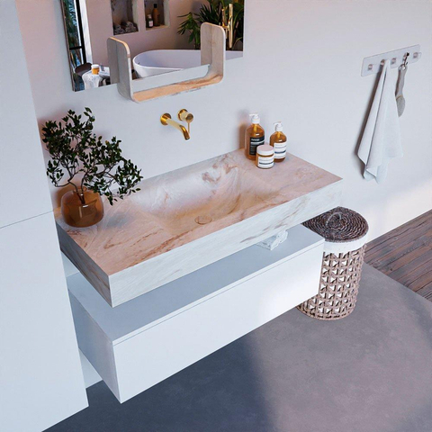 Mondiaz ALAN-DLUX Ensemble de meuble - 100cm - meuble Talc mat - 1 tiroir - Lavabo Cloud Frappe suspendu - vasque Centre - 0 trous de robinet SW804848