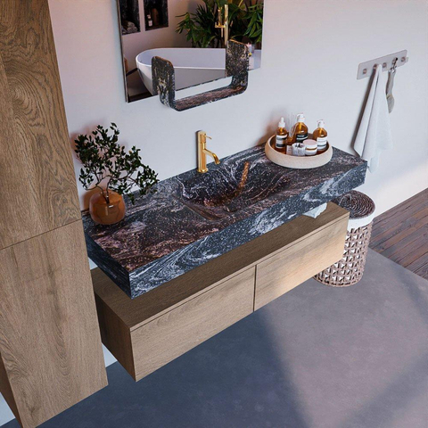 Mondiaz ALAN-DLUX Ensemble de meuble - 130cm - meuble Washed Oak mat - 2 tiroirs - Lavabo Cloud Lava suspendu - vasque Centre - 1 trou de robinet SW808987