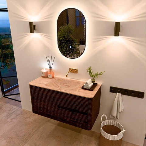 Mondiaz CIRO-DLUX Badkamermeubelset - 100x45x50cm - Solid surface wastafel Saba - 1 wasbak Midden - zonder kraangaten - 2 lades - Walnut SW1530675