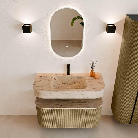 MONDIAZ THOR-DLUX 100cm meuble de salle de bains arrondi gauche + droite couleur Dusk avec 1 tiroir et 2 portes. Vasque suspendue CLOUD Milieu 1 trou de robinet couleur Arena. SW1467453