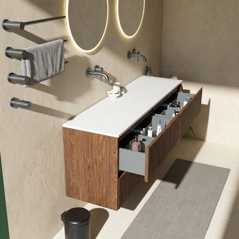 Saniclass Holz Atelier Badkamermeubelset - 160x45x77.5cm - Torino solid surface wastafel wit - zonder kraangat - 4 lades - mat walnut pure (hout) SW1478687