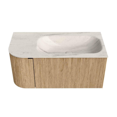 MONDIAZ KURVE-DLUX 95cm badmeubel ronding Links kleur Oak met 1 lade en 1 deur. Wastafel BIG SMALL Rechts zonder kraangat Meli. SW1431595