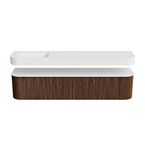 MONDIAZ THOR 200cm badmeubel ronding links + rechts kleur Walnut met 2 lades en 2 deuren. Vrijhangende wastafel CLOUD Links zonder kraangat kleur Talc. SW1466961
