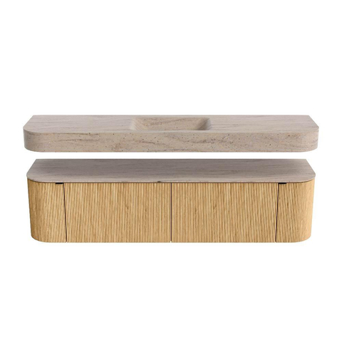 MONDIAZ THOR-DLUX 180cm meuble de salle de bains arrondi gauche + droite couleur Oak avec 2 tiroirs et 2 portes. Vasque suspendue CLOUD Milieu sans trou de robinet couleur Saba. SW1466319