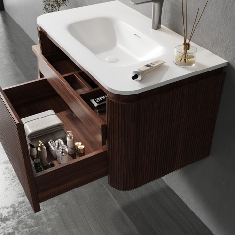 Royal Plaza Terra Edge Ensemble meuble de salle de bains - 80x44.7x46cm - plan de toilette solid surface blanc mat - 2 tiroirs - châtaigne (noyer) SW1471955