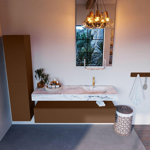Mondiaz ALAN-DLUX Ensemble de meuble - 150cm - meuble Rust mat - 1 tiroir - Lavabo Cloud Glace suspendu - vasque Droite - 1 trou de robinet SW805880