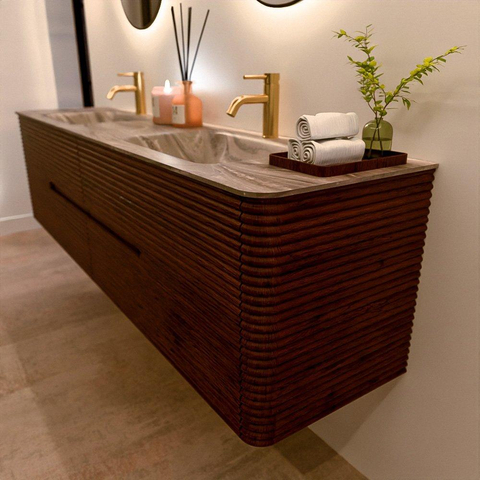 Mondiaz CIRO-DLUX Badkamermeubelset - 190x45x50cm - Solid surface wastafel Sombra - 2 wasbak Dubbel - 2 kraangaten - 4 lades - Ruby SW1531984