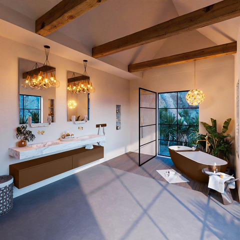Mondiaz ALAN-DLUX Ensemble de meuble - 200cm - meuble Rust mat - 2 tiroirs - Lavabo Cloud Glace suspendu - vasque Gauche et droite - 0 trous de robinet SW806025