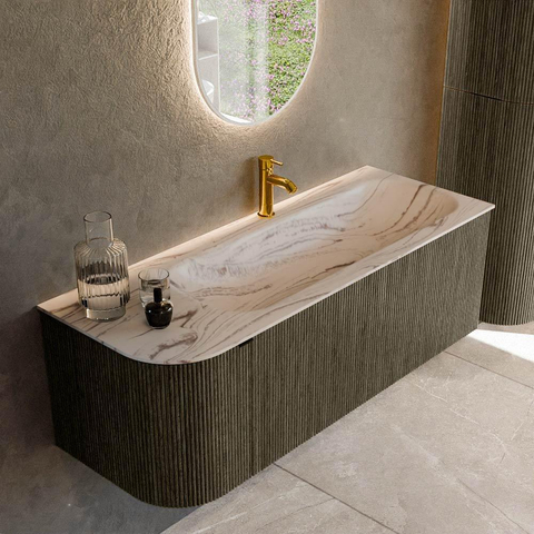 MONDIAZ KURVE-DLUX Meuble de salle de bains 125cm arrondi à gauche couleur Shadow avec 1 tiroir et 1 porte. Lavabo BIG MEDIUM à droite 1 trou de robinet Nata. SW1432292