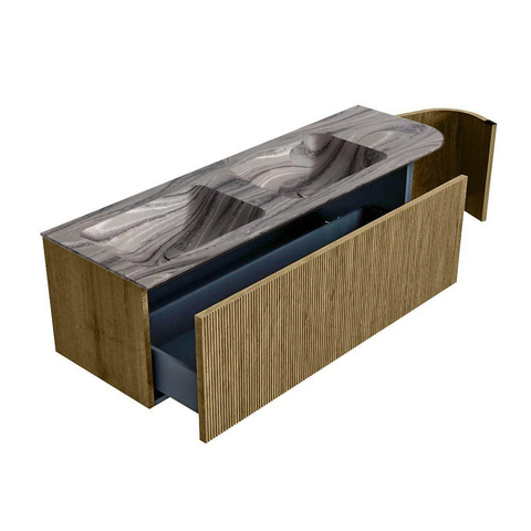 MONDIAZ KURVE-DLUX meuble de salle de bains 145cm arrondi à droite couleur Dusk avec 1 tiroir et 1 porte. Lavabo LEAF double / à gauche 2 trous de robinet Sombra. SW1433889
