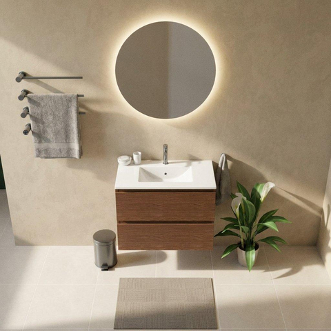 Saniclass Holz Pure Ensemble de meubles de salle de bains - 80x45x62cm - lavabo Vygo en céramique blanc - 1 vasque - 1 trou de robinet - 2 tiroirs - noyer pure mat (bois) SW1479449
