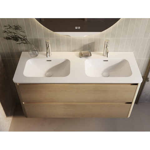 Thebalux Sunny Badmeubelset - 122x46x57cm - wastafel - keramiek - 2 kraangaten - glans wit - onderkast - 2 lades - greeploos - houtfineer - Blanc (hout) SW1462532
