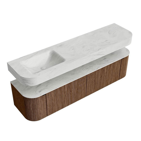 MONDIAZ THOR-DLUX 180cm badmeubel ronding links + rechts kleur Walnut met 2 lades en 2 deuren. Vrijhangende wastafel CLOUD Links 1 kraangat kleur Opalo. SW1465949
