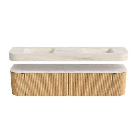 MONDIAZ THOR-DLUX 190cm meuble de salle de bains arrondi gauche + droite couleur Oak avec 2 tiroirs et 2 portes. Vasque suspendue CLOUD Double 2 trous de robinet couleur Meli. SW1466731