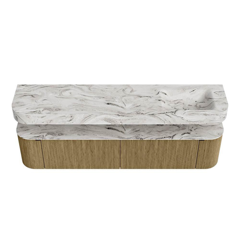 MONDIAZ THOR-DLUX Meuble de salle de bains - 200cm - arrondi gauche + droite - couleur Dusk - 2 tiroirs et 2 portes - Vasque suspendue CLOUD Droite 1 trou de robinet couleur Glace SW1466856