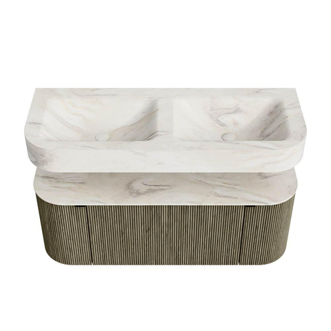MONDIAZ THOR-DLUX 120cm meuble de salle de bains arrondi gauche + droite couleur Shadow avec 1 tiroir et 2 portes. Vasque suspendue CLOUD Double sans trou de robinet couleur Ostra. SW1463212